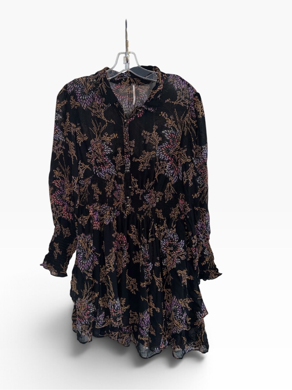 Free People Fake Pretend Black Print Long Sleeve Mini Dress size Medium - Picture 4 of 12